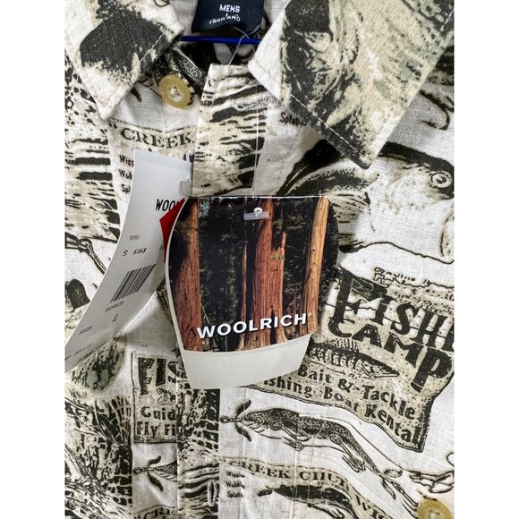 Men’s Woolrich Short Sleeve Shirt Fishing Print Beige Size L NWT NOS - Picture 4 of 7